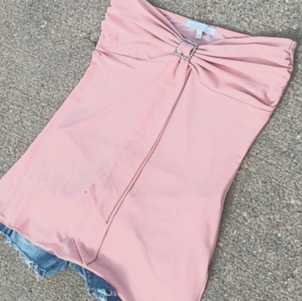 Rue 21 pink silky strapless top w rhinestone buckle Size M